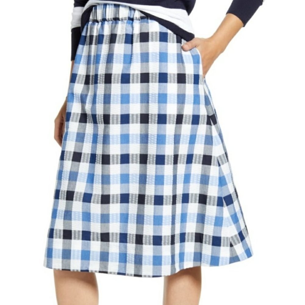 1901 Check Seersucker A-Line Skirt Elastic Waist XS Petite XSP Blue White Black